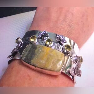 Picture Jasper Citrine 925 Sterling Silver Cuff Bracelet